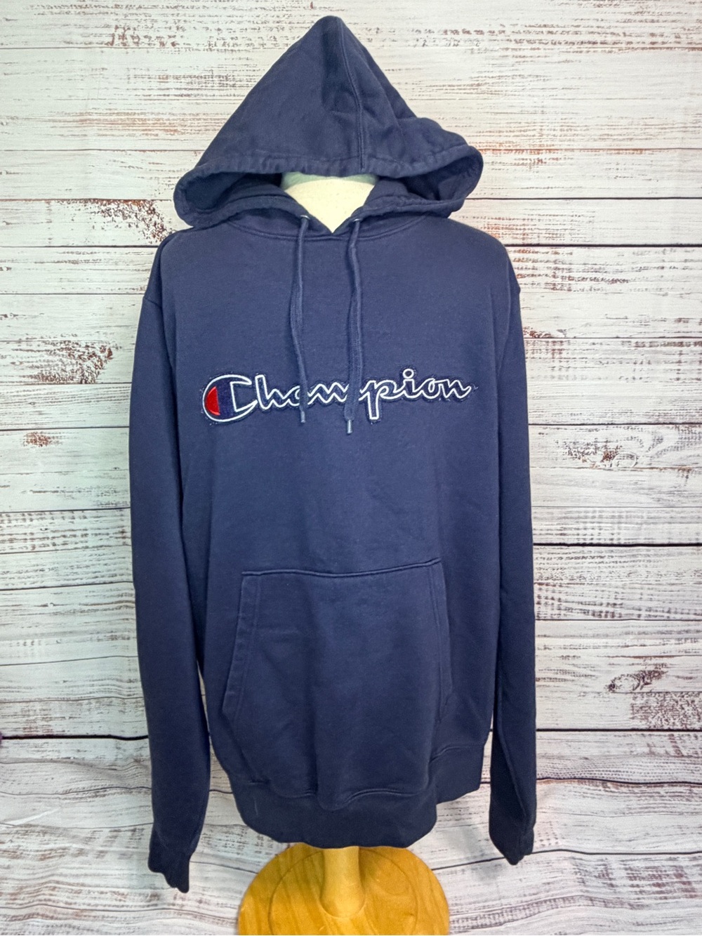 Champion Men's Dark Blue Script Logo Hoodie